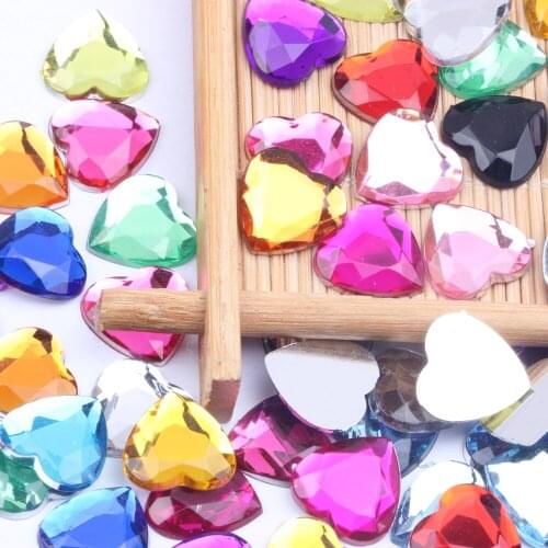 Flat Back Facets Acrylic Heart Shaped 14mm 1000pcs Many Colors Acrylic Rhinestone Glue On Beads Decorate DIY