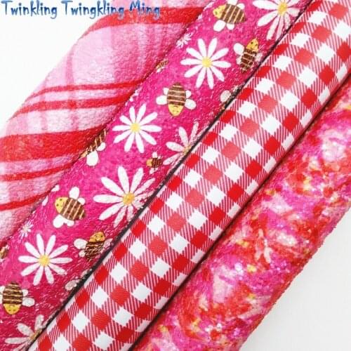 Rose Glitter Leather, Tartan Daisy Bees Plaids Flowers Printed Chunky Glitter Fabric Sheet For Bows 21x29CM Twinkling Ming KM507