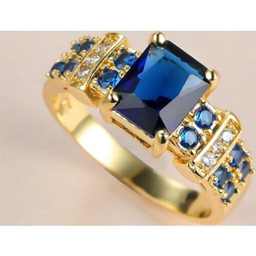 Charm Male Female Blue Crystal Stone Ring Vintage Gold Color Wedding Rings For Women Men Dainty Square Zircon Engagement Ring
