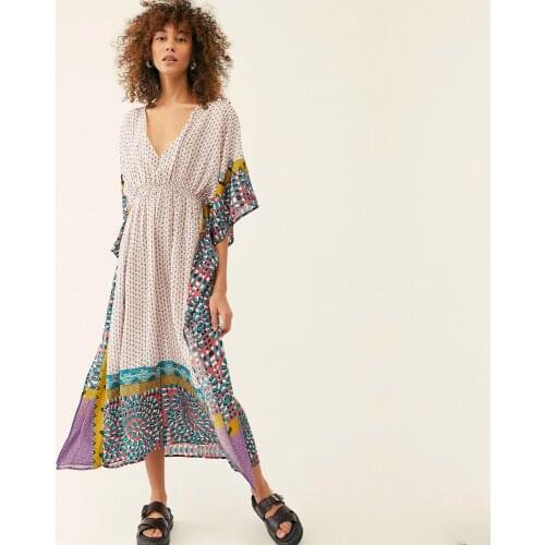2021 Quick-drying Bohemian Printed V-Neck Bats Seelve Side Split Summer Dress Robe Plus Size Women Beach Wear Midi Dress N1018