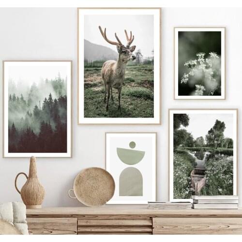 Fog Mountain Deer Wildflowers Boat Green Forest Nature Art Canvas Painting Nordic Posters And Prints Wall Pictures Bedroom Decor