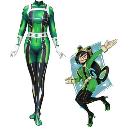 Women Girls Kids Anime Suit 3D Women My Hero Academia Boku no Hero Academia Asui Tsuyu Jumpsuits Cosplay Costume Zentai Bodysuit