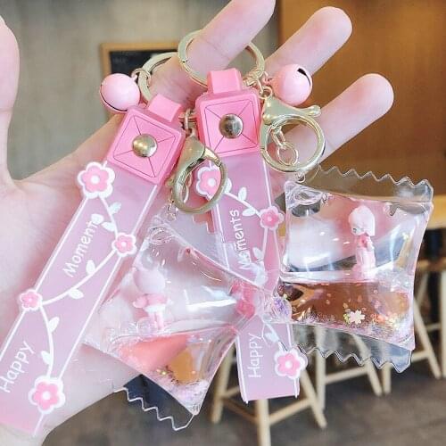 Creative Liquid Candy Bag Shape Key Chains Floating Girl Doll Acrylic Keychain Cute Women Girl Bag Car Pendant Key Ring Jewelry