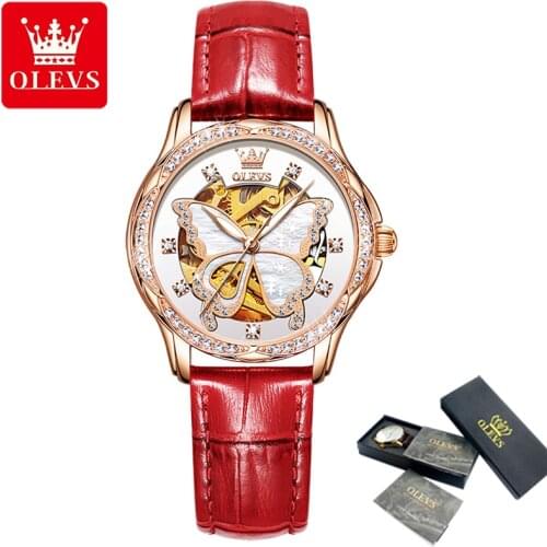 OLEVS Elegant Ladies Watch Automatic Mechanical Watch Ladies Luxury Brand Butterfly Dial Ceramic Strap Watch With Box 6622