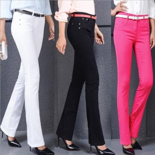 Autumn Elastic Women Jeans Pants Candy Colored Mid Waist Mom Zipper Slim Female Flare Jean 2020 New Fashion Full Length Pant