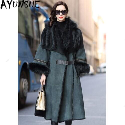 Winter Coat Women Natural Sheep Fur Coat Female Luxury Real Leather Jacket Fox Fur Collar Sheepskin Coats Long Windbreaker 2020