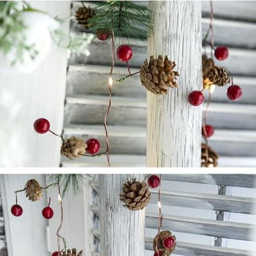 2M 20LEDs Christmas Garland Lights PineCones Pine Needle Red Berry Copper Wire String Light for Thanksgiving Party Decorations