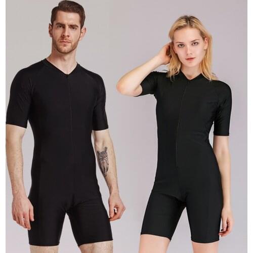 Sbart Couple One Piece Swimsuit Women men Swimwear Short Sleeve UPF 50+ Quick-dry Beach Rash Guard diving Surf Suit front Zipper