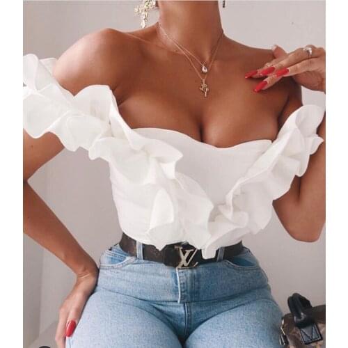 High Street Summer Style Sexy Off Shoulder Ruffles White Women Bandage Top 2020 Celebrity Designer Fashion Camis