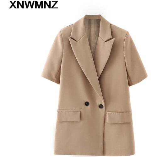 XNWMNZ 2021 Women Fashion Short Sleeve Fitting Blazer Coat Office Ladies Pockets Casual Suits Double Breasted Chic Summer Tops