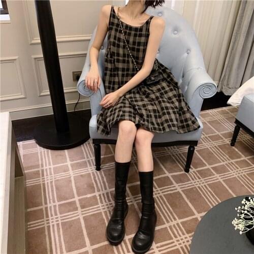 Girls Plaid Dress Preppy Style Black Spaghetti Strap Preppy Style Sleeveless Mini Short Dresses Goth Streetwear