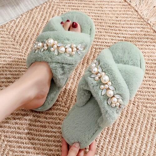 Winter Women Fur Slippers Fashion Pearl Cross Band Plush Ladies Fluffy Shoes Cozy Open Toe Indoor Fuzzy Slides For Girls hh256
