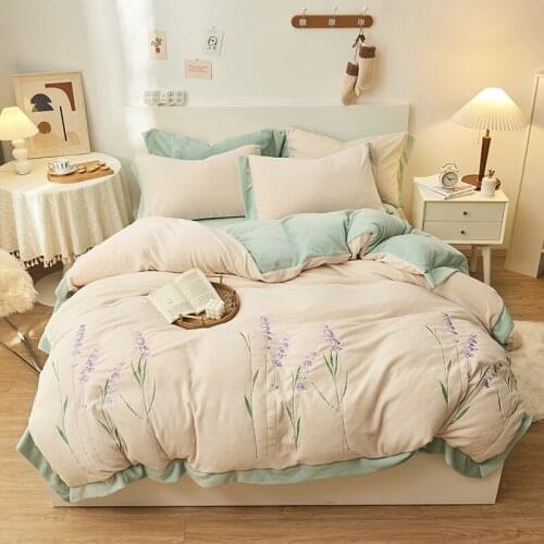 Winter Furry Warm Velvet Flannel Fleece Lavender Embroidery Princess 4Pcs Bedding Set Quilt Cover Bed Comforter Set Fitted Sheet