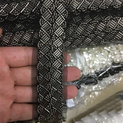 2Yards 2.8cm Wide Grey Pearl Beads Lace Trim Mesh Banding Beaded Lace Tape Sewing On Clothing Accessories