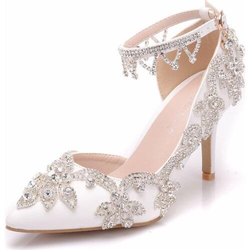 8cm large size sandals thin heel pointed sandals white diamond wedding shoes womens foreign trade high heels side space