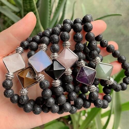 Reiki Healing Energy Stone Mala Bracelets Pyramid Charm Natural Amethysts Quartz Crystal Opal Black Lava Stone Strand Bracelets
