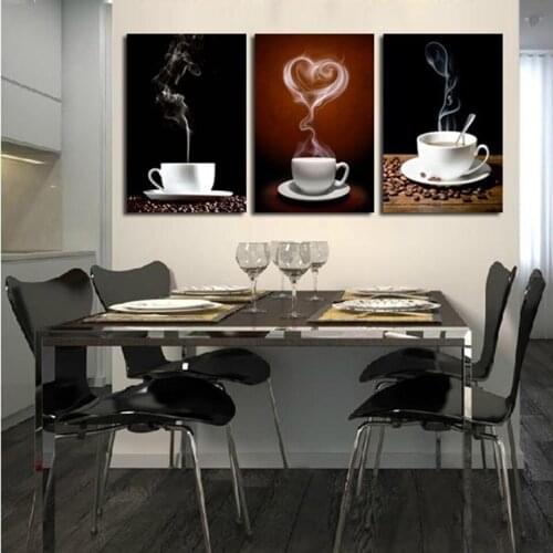 HD Canvas Art Painting 3 Pieces Coffee Ben Cup For Cafe Kitchen Restaurant and Pub Wall Decoration Heart-shaped Coffee Cup