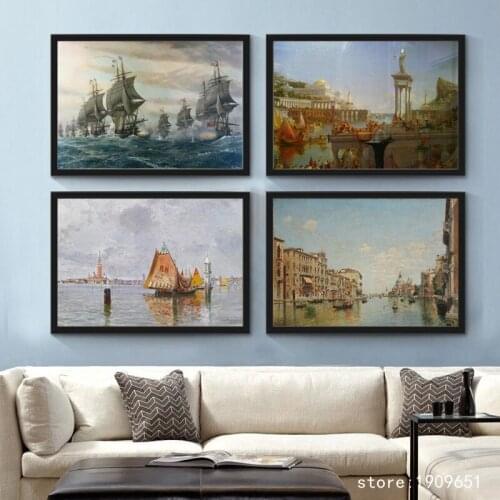 Cotton no frame classic city buliding ship seascape canvas printings oil painting printed on cotton wall art decoration picture
