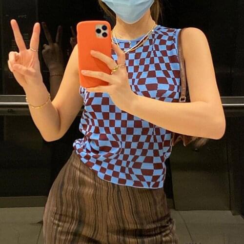 Summer Knit Crop Top Women Sleeveless Tank Top Basic T Shirts Casual Checker Plaid Vest Streetwear Tank Top Vintage