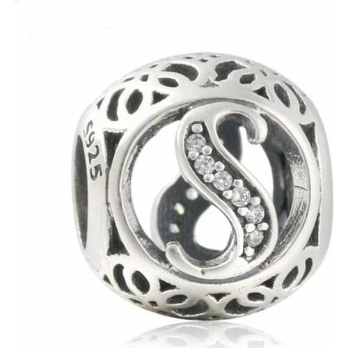 Summer 925-Sterling-Silver Vintage Alphabet Cubic Zirconia Letter S Openwork Charms Beads Fits Pandora bracelets jewelry