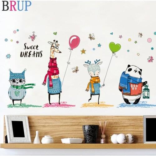 Cartoon Animals Wall Stickers Lovely Cat Panda Giraffe Home Decor for Kids Room Creative Art Wallpapers Vinyl PVC Wall Decals