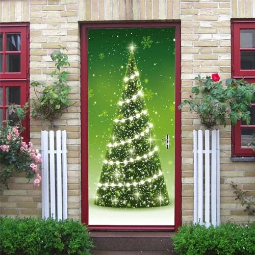 Christmas Tree Door Stickers Home Decor Self-adhesive Wallpaper Xmas Snowman Poster DIY Art Mural Decals Living Room Decoration