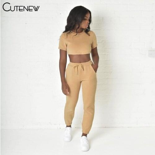 Cutenew Casual Tracksuit Two Piece Set Women Outfit Autumn Short Sleeve O-Neck Top+Lace Up Harlan Trousers Lady Sport Streetwear
