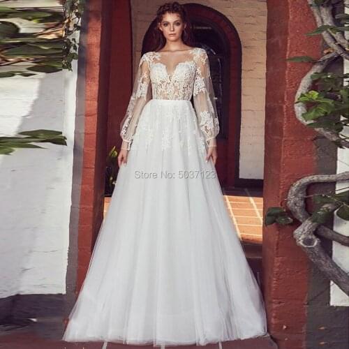 Long Sleeves A Line Wedding Dresses 2019 V Neck Lace Appliques Backless Wedding Bridal Gowns Vestido De Noiva Court Train