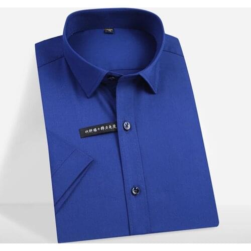Summer regular fit business mens short sleeve elastic solid dress shirts bamboo fiber stretch easy care formal male tops