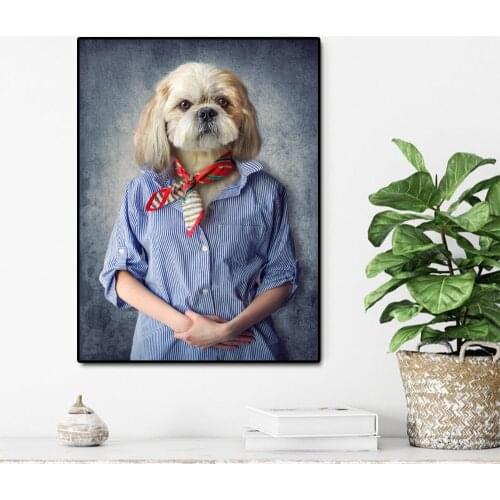 Cute Dog Shih Tzu Portrait Wearing Human Clothes Canvas Painting Posters And Prints Wall Pictures For Living Room Cuadros Decor