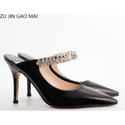 Summer High Heels Rhinestone Sandals Shoes Woman 2021 Patent Leather Pointed Fashion Sexy Rhinestone Sandals Semi Drag Sandals