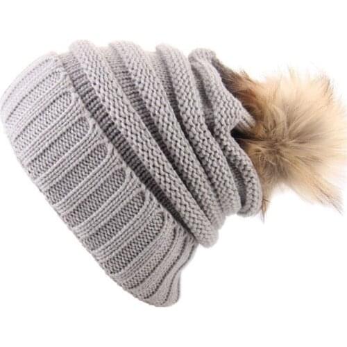 Wuaumx Fur Ball Womens Beanies Winter Hat For Female Thicker Warm Pompom Hat Woolen Knitted Hat Solid Skullies Headgear Gorros
