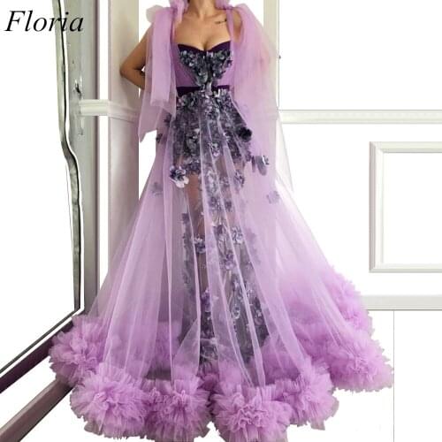 Elegant Fairy Tulle Purple Celebrity Dresses A-Line Illusion Strapless Sleeveless 3D Flowers Evening Red Carpet Runaway Gowns