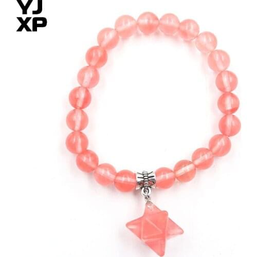 YJXP Ethnic Silver Plated Watermelon Red Stone Beads with Star Bracelets for Anniversary Jewelry