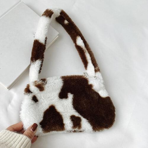 Womens Bag Fashion Plush Fluffy Shoulder Top-handle Bag for Women Animal Pattern Mini Shoulder Underarm Purse Street Clutch