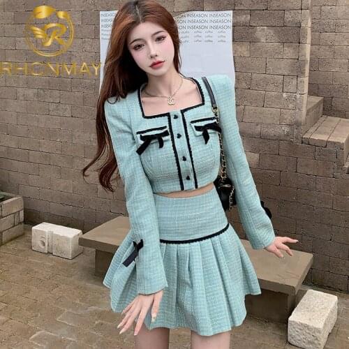 New Sweet Bow Designer Autumn Two Piece Set Women Single Breasted Coat + High Waist Pleated Skirts Set Office Lady Elegant