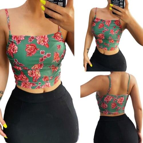 Womens Cute Crop Cami Tops, Sexy Spaghetti Strap Sleeveless Floral Print Ruched Camisole Printed sling