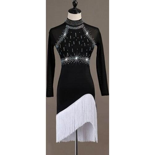Women New Black Hollow Back Shiny Rhinestone Tassel Sexy Dress Latin Dance Adult Modern Dance Tango Waltz Dinner Sexy Dress