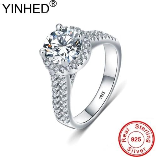 YINHED Genuine 925 Sterling Silver Ring Jewelry 8mm 2 Carat 5A Round CZ Diamond Engagement Wedding Rings for Women ZR573