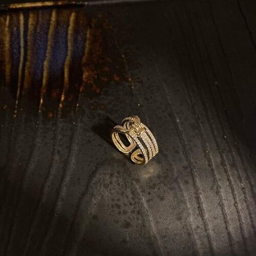 Origin Summer Luxury Multi-layer Cubic Zircon Ring for Women Gold Color Hollow Out Open Adjustable Index Finger Ring Jewelry