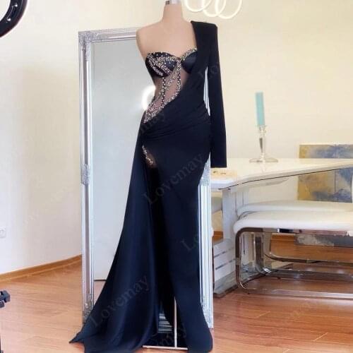 Navy Blue Muslim Mermaid Evening Dresses Long Sleeves Formal One Shoulder HIgh Slit For Women Party Crystals Vestidos Para Mujer