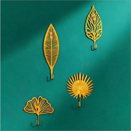 2pc/Lot Golden Color Leaf design Wall Hook Iron Coat Hanger Hand-painted Resin Hook High Quality Key Hanger Home Decoration