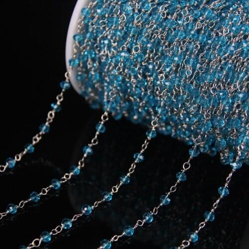 5Meter 3x4mm Blue Glass Beads Faceted Rondelle Chains,Silver Plated Wire Wrapped Small Rosary Chain Necklace Jewelry making