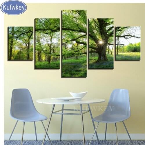 5d Cross Stitch kits,diy diamond painting 5pcs Green Tree Landscape full square Diamond Embroidery forest Mosaic rhinestone art