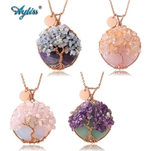 Ayliss Healing Crystal Pendants Natural Gem Stone Pendant Necklace Copper Wire Wrapped Tree of Life Pendant Necklaces Jewelry