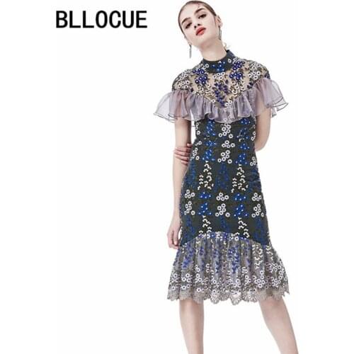 BLLOCUE New Arrival 2021 Spring Runway Flower Patchwork Embroidery Ruffles Slim Women Dress