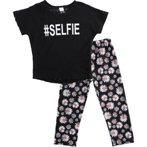 Kids Girls Floral Clothes Black Letters Lace Tops T shirt Short Sleeve Flower Print Pants Leggings Outfits Set Summer Clothing