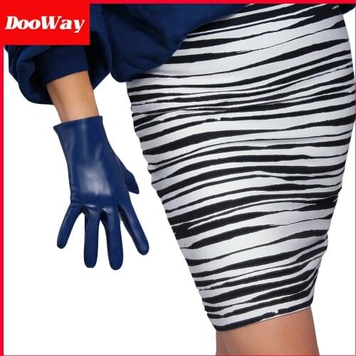 DooWay Women Faux Leather Gloves Wrist Short 8 inches Winter Warm Evening Driving Navey Blue