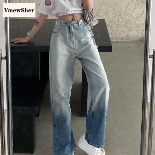 VmewSher New 2020 High Waist Loose Gradient Jeans Women Fashion Casual Straight Pants Chic Color Block Washed Vintage Trousers