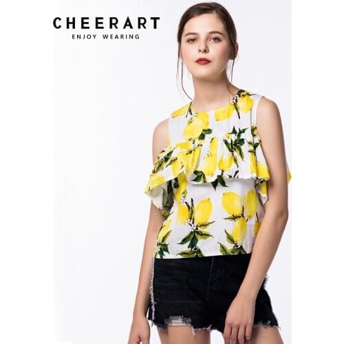 Cheerart Cotton Linen Ruffle Summer T-Shirt Women Casual Floral Print Cold Shoulder Female Crop Top Hot Clothing